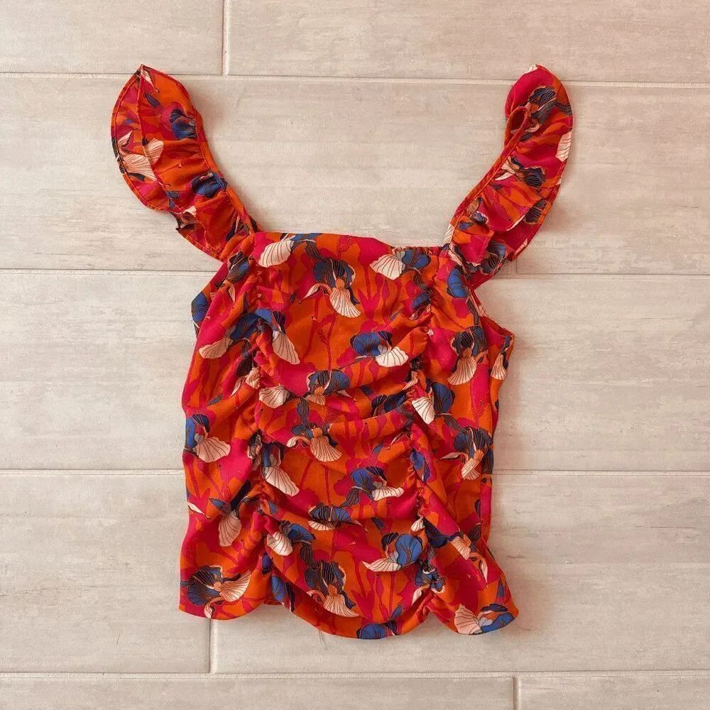 Rose & Olive Bright Tropical Flutter Sleeve Tank Blouse Colorful Bohemian Small
